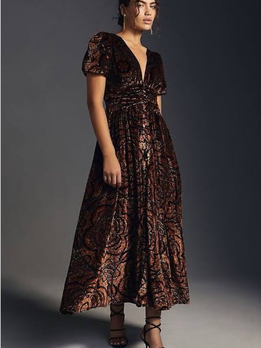 Anthropologie Copper-Bronze Floral Velvet Maxi Dress